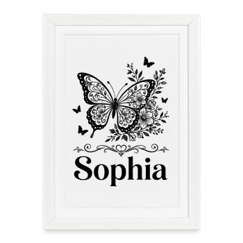 Cadeau floral papillon Prénom Sophia - Affiche encadrée (27 × 37 cm) - blanc - Devant