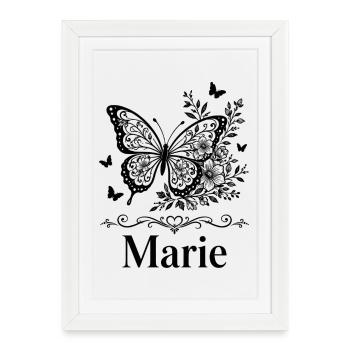 Cadeau floral Marie Prénom Papillon - Affiche encadrée (27 × 37 cm) - blanc - Devant