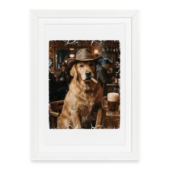 Chien Cowboy Bar à cigares Golden Retriever - Affiche encadrée (27 × 37 cm) - blanc - Devant