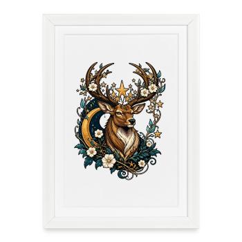 Moon Star Deer with Flower Wreath - Framed poster (27 × 37 cm) - white - Front
