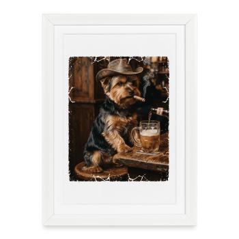 Chien Cowboy Bar à cigares Yorkshire Terrier - Affiche encadrée (27 × 37 cm) - blanc - Devant