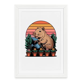 Jardinier capybara Coucher de soleil mignon - Affiche encadrée (27 × 37 cm) - blanc - Devant