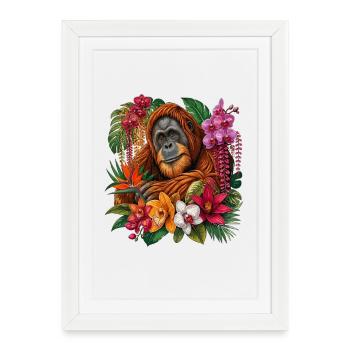 Orang-outan dans la forêt de fleurs tropicales - Affiche encadrée (27 × 37 cm) - blanc - Devant