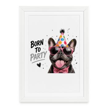 Né pour faire la fête Bouledogue français Chien de fête - Affiche encadrée (27 × 37 cm) - blanc - Devant