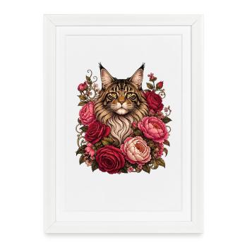 Chat dans une couronne de fleurs - Affiche encadrée (27 × 37 cm) - blanc - Devant