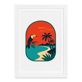 Panorama côtier tropical avec toucan - Affiche encadrée (27 × 37 cm) - blanc - Devant