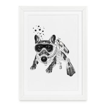Bouledogue français en plongeur sous-marin - Affiche encadrée (27 × 37 cm) - blanc - Devant