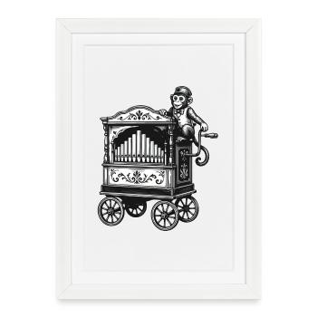 Orgue à baril vintage avec singe | Motif musical nostalgique - Affiche encadrée (27 × 37 cm) - blanc - Devant