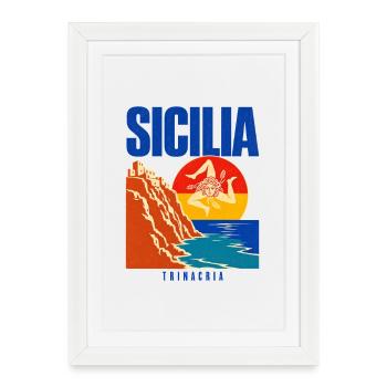 Sicilia Travel Poster, Trinacria Sicilian Flag Pri - Framed poster (27 × 37 cm) - white - Front