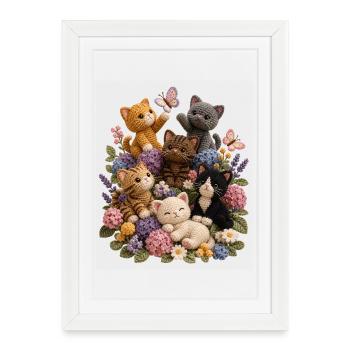Des chats au crochet dans un jardin floral - Affiche encadrée (27 × 37 cm) - blanc - Devant