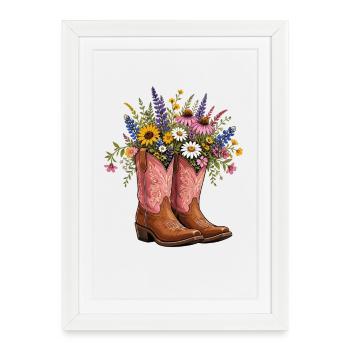 Bouquet de fleurs en bottes de cow-boy - Affiche encadrée (27 × 37 cm) - blanc - Devant