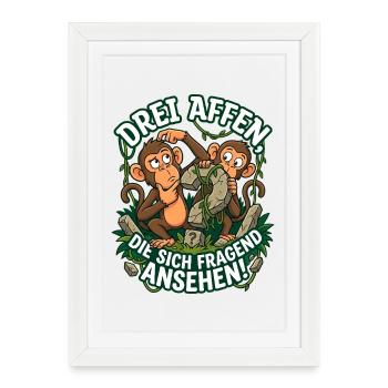 Drei Affen die sich fragend ansehen lustig - Gerahmtes Poster (27 × 37 cm) - Weiß - Vorne