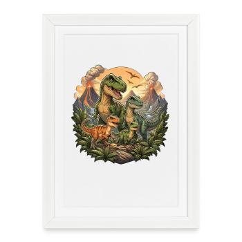 Famille de dinosaures dans la forêt volcanique - Affiche encadrée (27 × 37 cm) - blanc - Devant