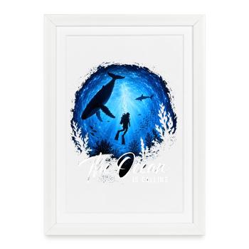 L’océan appelle le plongeur des profondeurs le requin-baleine - Affiche encadrée (27 × 37 cm) - blanc - Devant