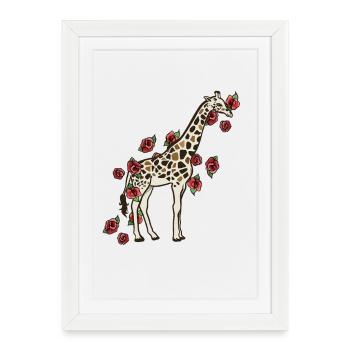 Girafe en fleurs avec des roses - Affiche encadrée (27 × 37 cm) - blanc - Devant