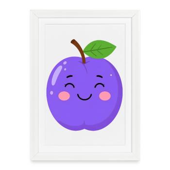 Prune de Kawaii bleu-violet – Motif de fruits sucrés - Affiche encadrée (27 × 37 cm) - blanc - Devant