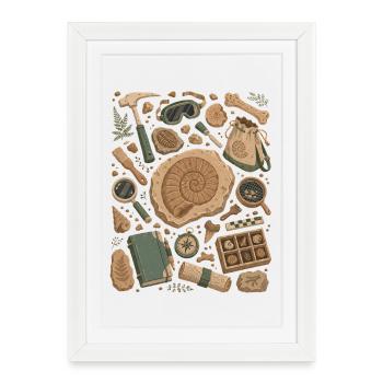 Chasse aux fossiles | Paléontologie et ammonites - Affiche encadrée (27 × 37 cm) - blanc - Devant