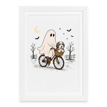 Bearded Collie Geisterfahrrad Halloween Nachtfahrt - Gerahmtes Poster (27 × 37 cm) - Weiß - Vorne