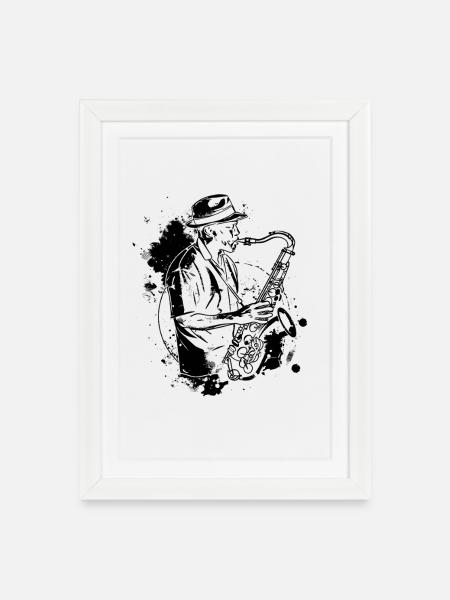 Saxophonspieler Streetart - Gerahmtes Poster (27 × 37 cm) - Weiß