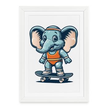 Éléphant de dessin animé bleu sur la planche à roulettes - Affiche encadrée (27 × 37 cm) - blanc - Devant