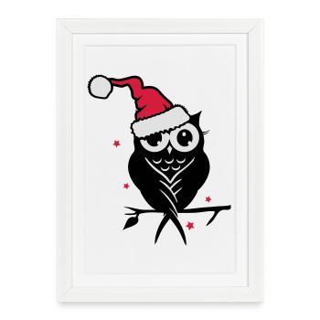 Winter owl with Santa hat in the snow - Framed poster (27 × 37 cm) - white - Front