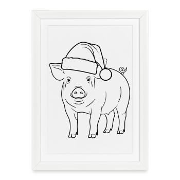 Illustration du cochon avec le chapeau de Père Noël - Affiche encadrée (27 × 37 cm) - blanc - Devant