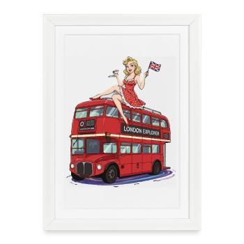 Pin-up sur le bus londonien rouge - Affiche encadrée (27 × 37 cm) - blanc - Devant