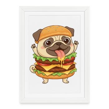 Mignon chien carlin Fast-food Cheeseburger - Affiche encadrée (27 × 37 cm) - blanc - Devant
