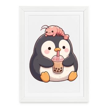 Kawaii Penguin Bubble Tea Boba Crevettes Low - Affiche encadrée (27 × 37 cm) - blanc - Devant