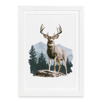 Cerf avec bois vintage - Affiche encadrée (27 × 37 cm) - blanc - Devant