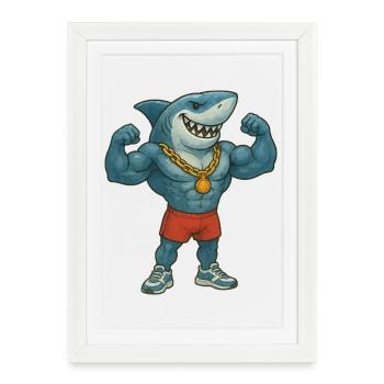 requin-bande dessinée-bodybuilder - Affiche encadrée (27 × 37 cm) - blanc - Devant