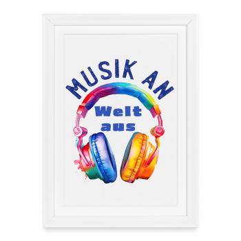 Music On - World Off - Casque - Cadeau Musicien - Affiche encadrée (27 × 37 cm) - blanc - Devant