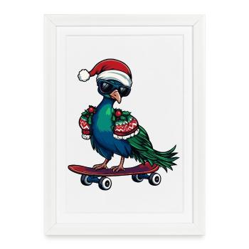 Paon oiseau Noël drôle - Affiche encadrée (27 × 37 cm) - blanc - Devant