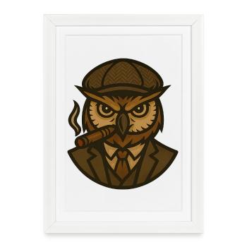 Hibou en costume marron et cigare - Affiche encadrée (27 × 37 cm) - blanc - Devant