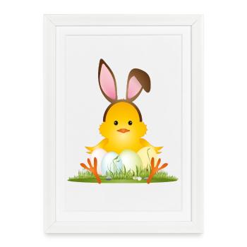 Petit poussin de Pâques mignon avec des oreilles de lapin et des œufs de Pâques - Affiche encadrée (27 × 37 cm) - blanc - Devant