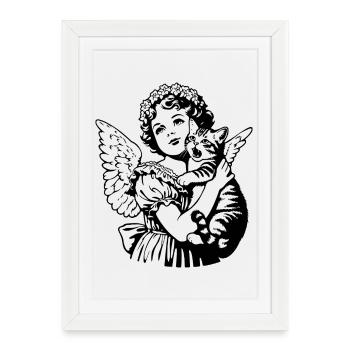 Ange avec chat – Illustration vintage de chérubin - Affiche encadrée (27 × 37 cm) - blanc - Devant