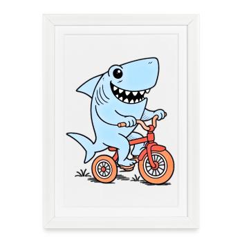 Blue shark on bicycle - Framed poster (27 × 37 cm) - white - Front