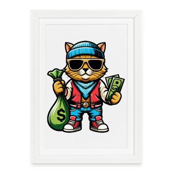 Le chat adore l’argent et les lunettes de soleil - Affiche encadrée (27 × 37 cm) - blanc - Devant