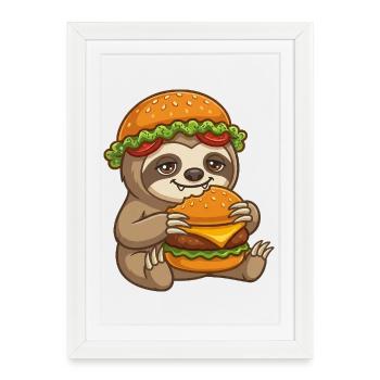 Sloth with Burger Cartoon - Framed poster (27 × 37 cm) - white - Front