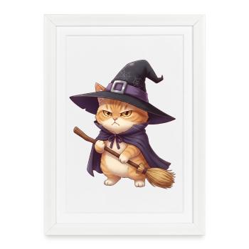 Chat en sorcière à Halloween - Affiche encadrée (27 × 37 cm) - blanc - Devant