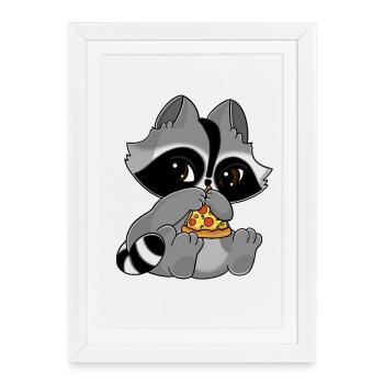 Snuggles the raccoon eats a slice of pizza - Framed poster (27 × 37 cm) - white - Front