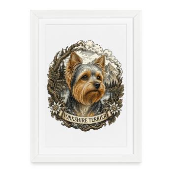 Yorkshire Terrier avec paysage montagneux vintage - Affiche encadrée (27 × 37 cm) - blanc - Devant