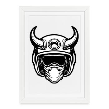 Casque de moto de motocross rétro avec deux cornes - Affiche encadrée (27 × 37 cm) - blanc - Devant