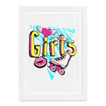 Filles Retro Roller Pop Art - Affiche encadrée (27 × 37 cm) - blanc - Devant