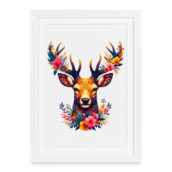 Cerf décoré de fleurs - Affiche encadrée (27 × 37 cm) - blanc - Devant