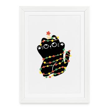 Lumières de Noël Chat - Affiche encadrée (27 × 37 cm) - blanc - Devant