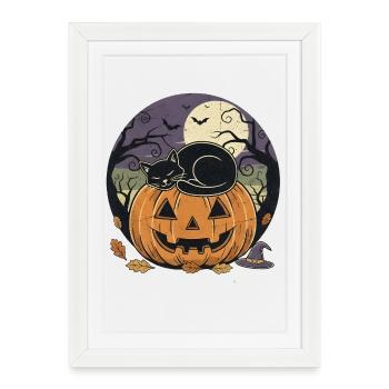 Chat noir dormant sur une lanterne jack-o | Halloween - Affiche encadrée (27 × 37 cm) - blanc - Devant