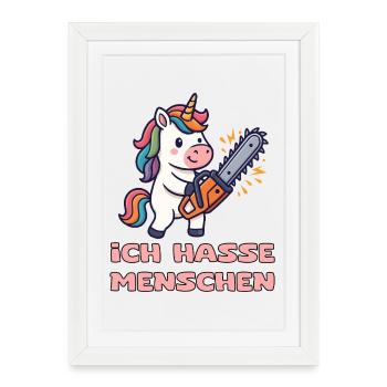 Licorne avec tronçonneuse et humour - Affiche encadrée (27 × 37 cm) - blanc - Devant
