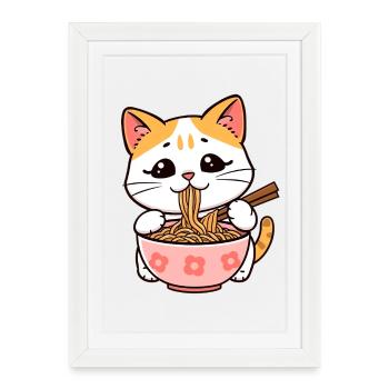 Le chat mange des nouilles ramen - Affiche encadrée (27 × 37 cm) - blanc - Devant