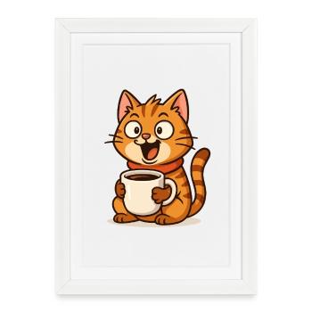 Café Chat Moment de Bonheur - Affiche encadrée (27 × 37 cm) - blanc - Devant